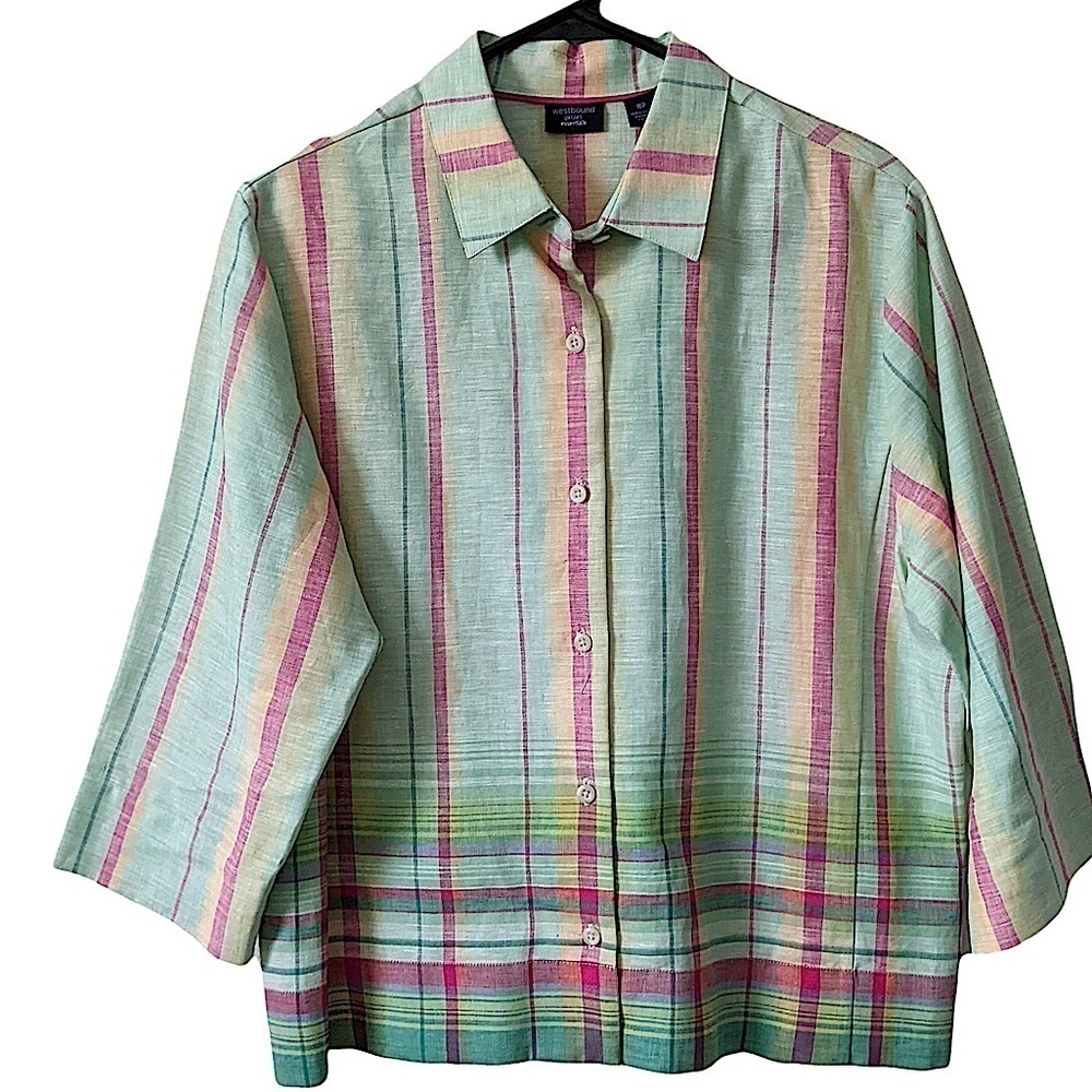 WESTBOUND Essentials Bright Pastel Plaid Linen Lagenlook Blouse Size 16 Petite